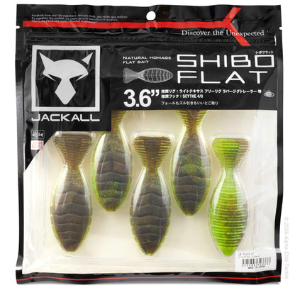 Package of the Jackall Shibo Flat in the size 3.6 inches with the color of the bluegill shaped bait being green pumpkin and chartreuse.
