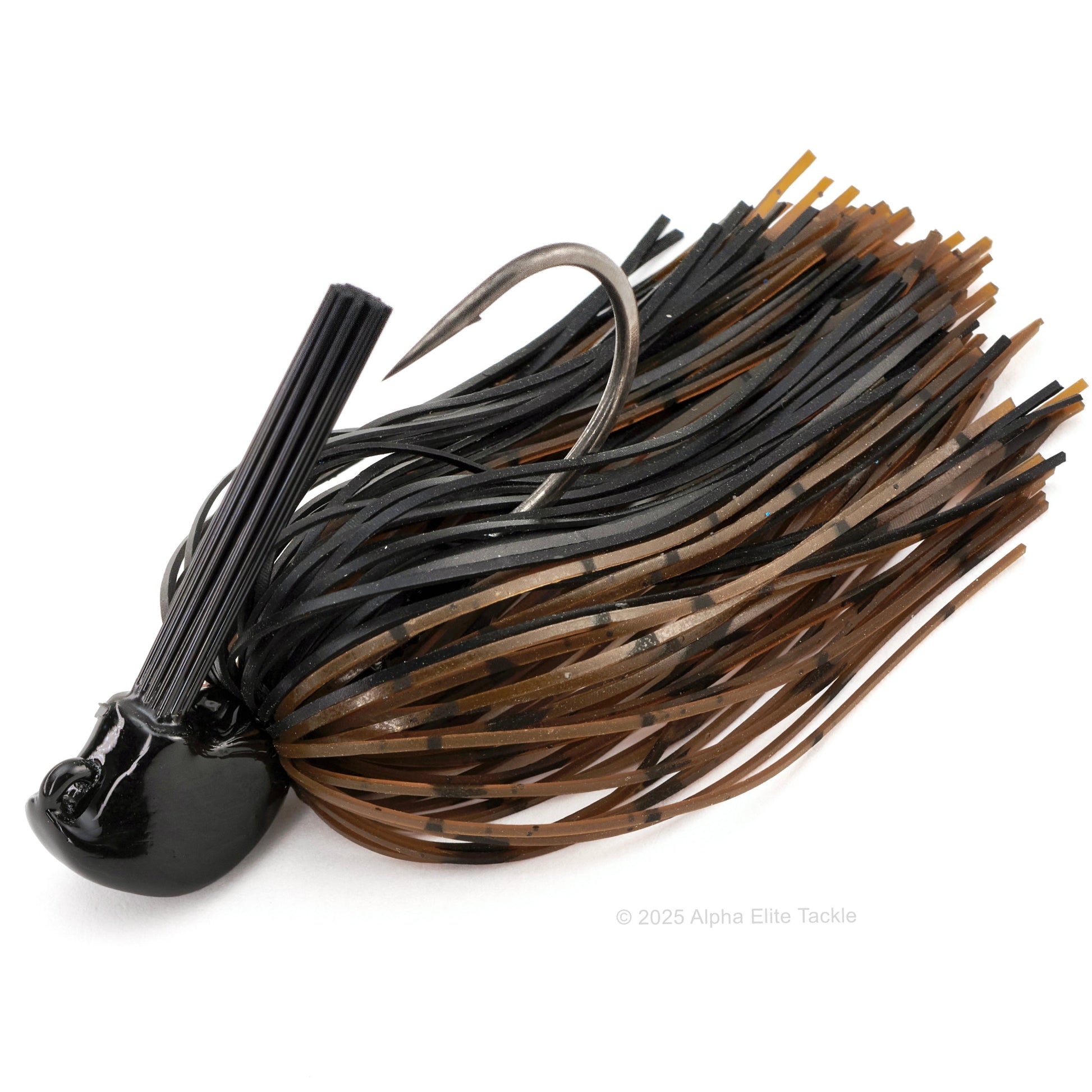 Close up of one Jackall Anarchy Flipping Jig in the color Black Brown on a white background.