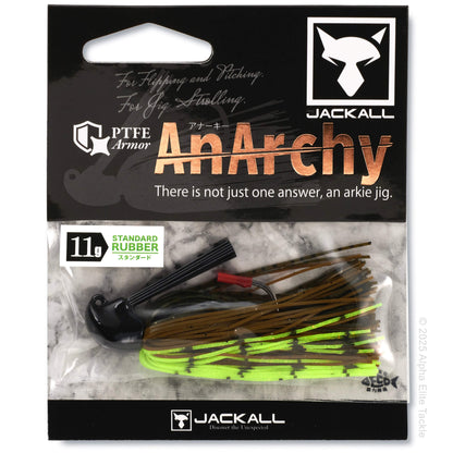 Close up of one Jackall Anarchy Flipping Jig Gripan Chart in it's package on a white background.