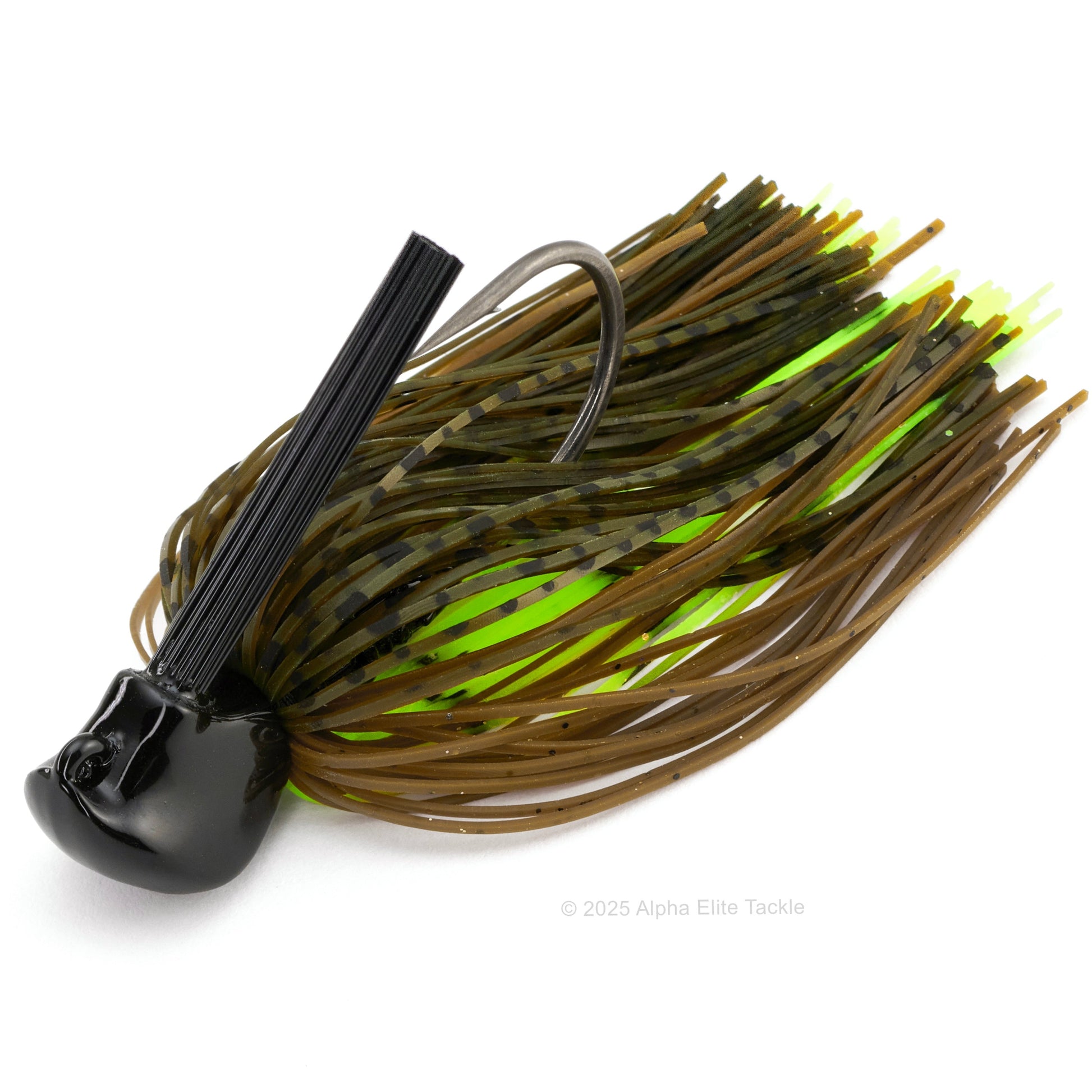 Close up of one Jackall Anarchy Flipping Jig in the color Gripan Chart on a white background.