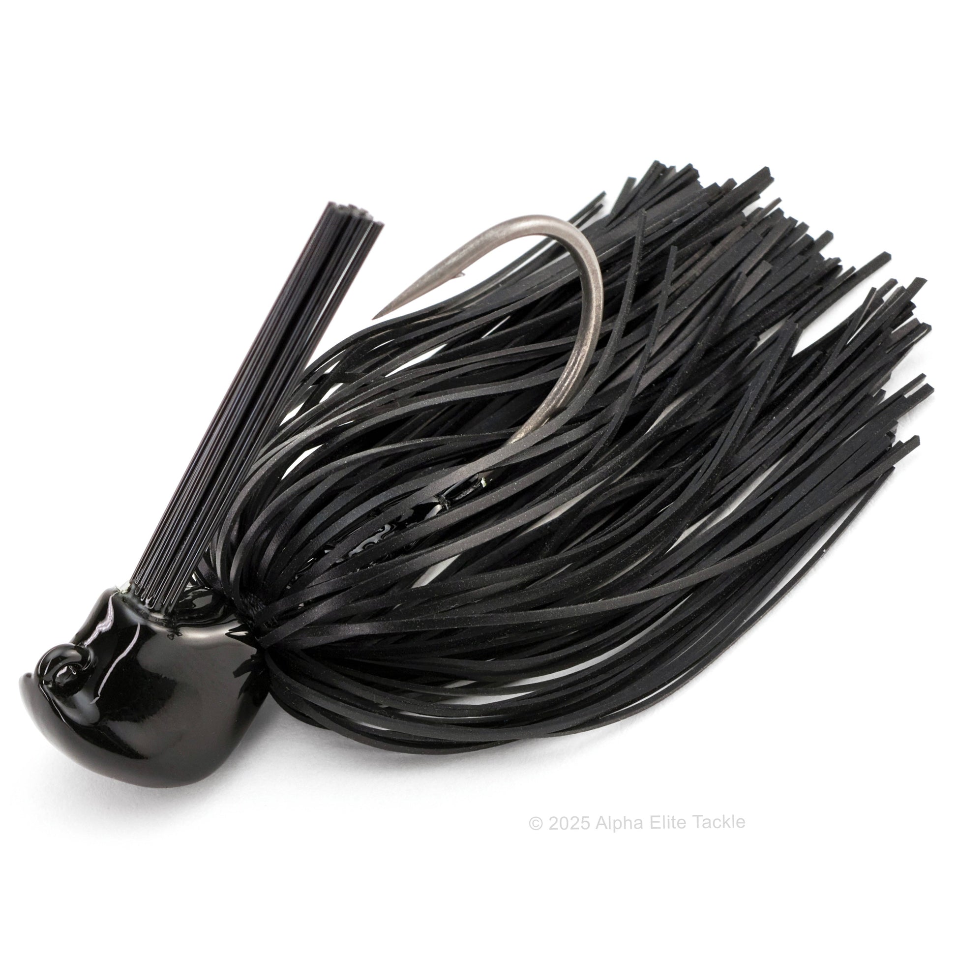 Close up of one Jackall Anarchy Flipping Jig in the color Solid Black on a white background.