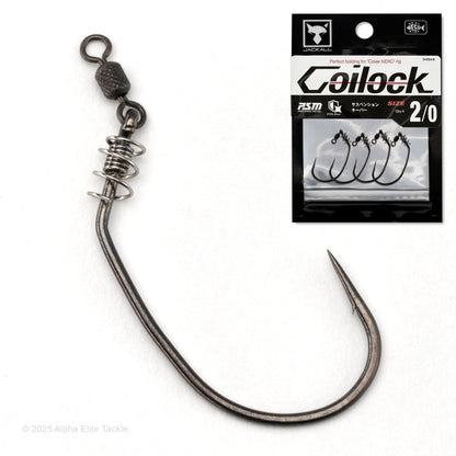 Close up of the Jackall Coilock Neko Hook and it's packaging on a white background