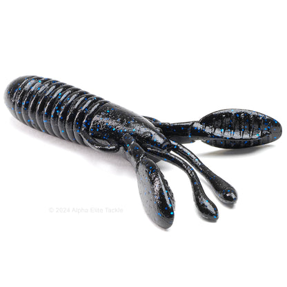 Close up of the Jackall Cover Craw in the color black blue flake on a white background