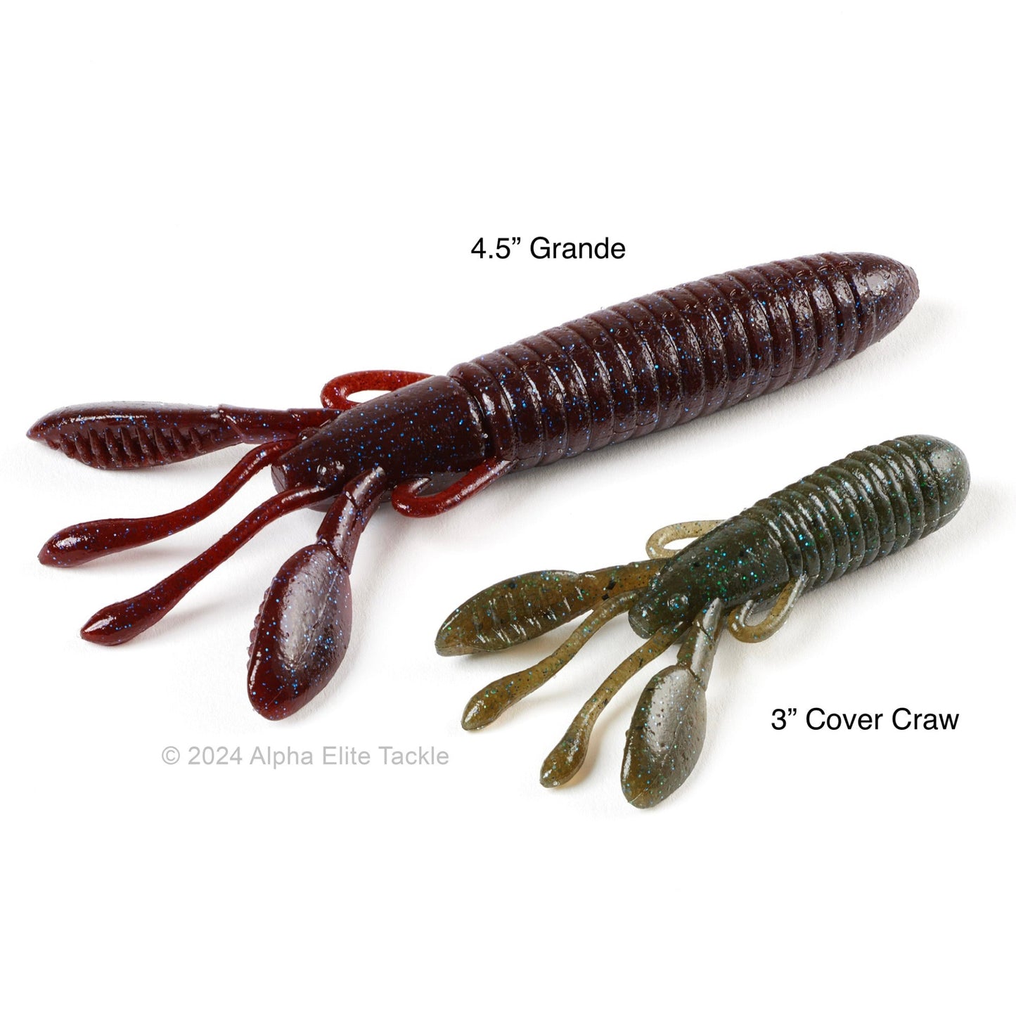 Close up of the two sizes of the Jackall Cover Craw on a white background