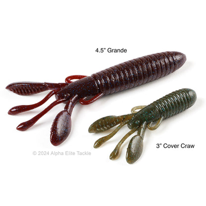 Close up of the two sizes of the Jackall Cover Craw on a white background