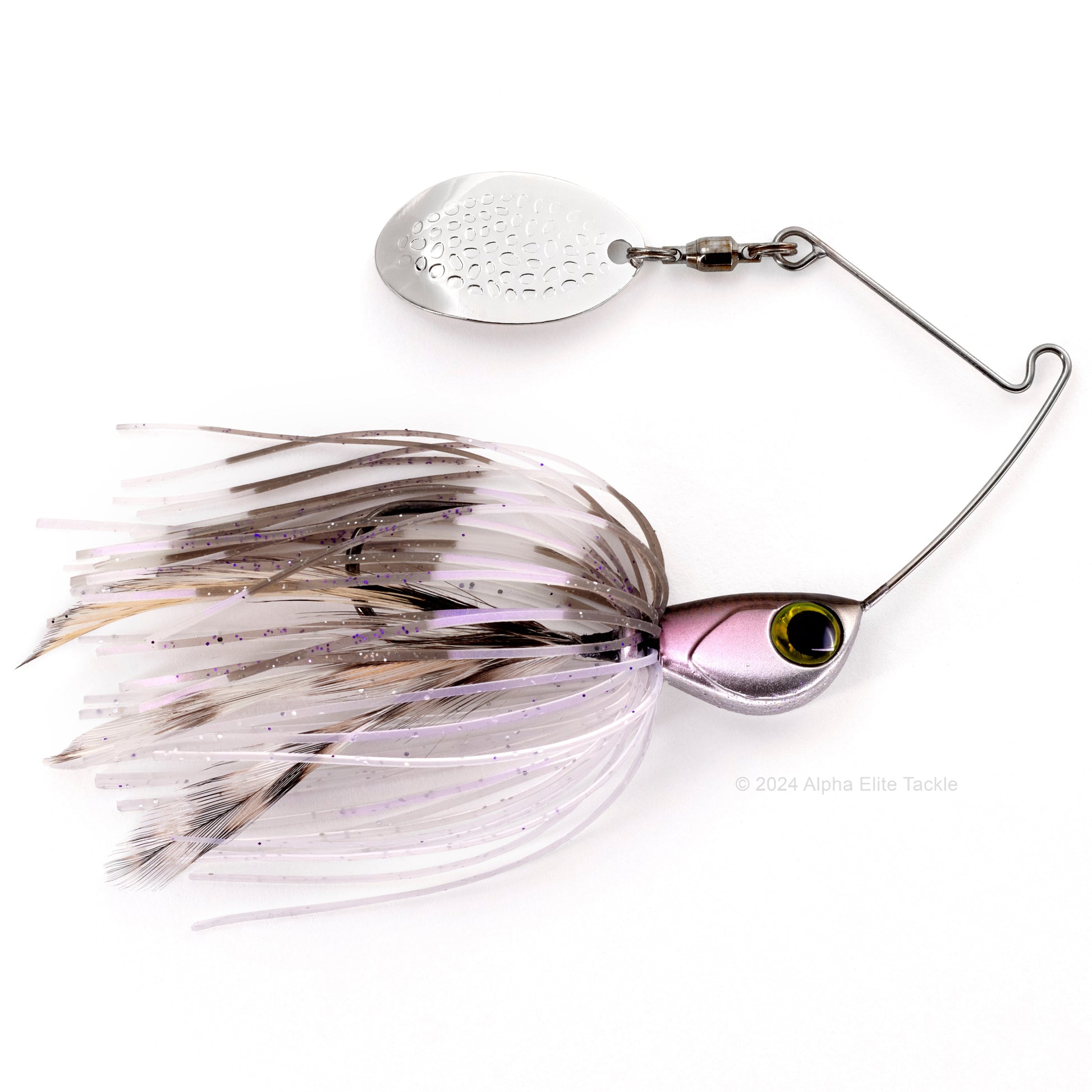 Close up of the Jackall Deraspin Spinnerbait in the color Baby Wakasagi on a white background