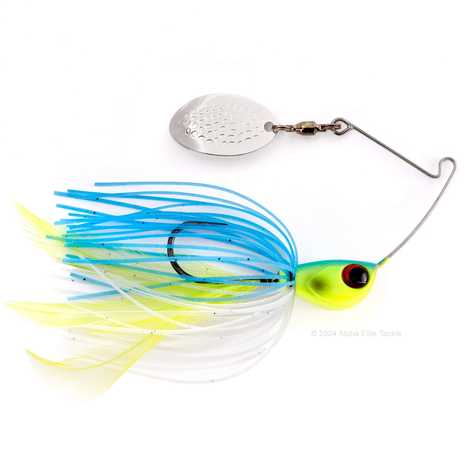 Close up of the Jackall Deraspin Spinnerbait in the color Light Blue Back Chart on a white background