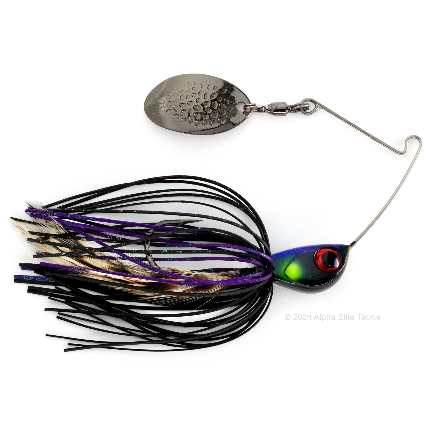 Close up of the Jackall Deraspin Spinnerbait in the color dera Black on a white background