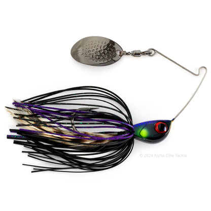 Close up of the Jackall Deraspin Spinnerbait in the color dera Black on a white background