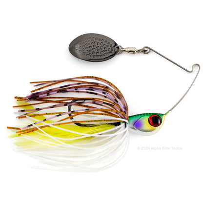 Close up of the Jackall Deraspin Spinnerbait in the color Dera Bluegill on a white background