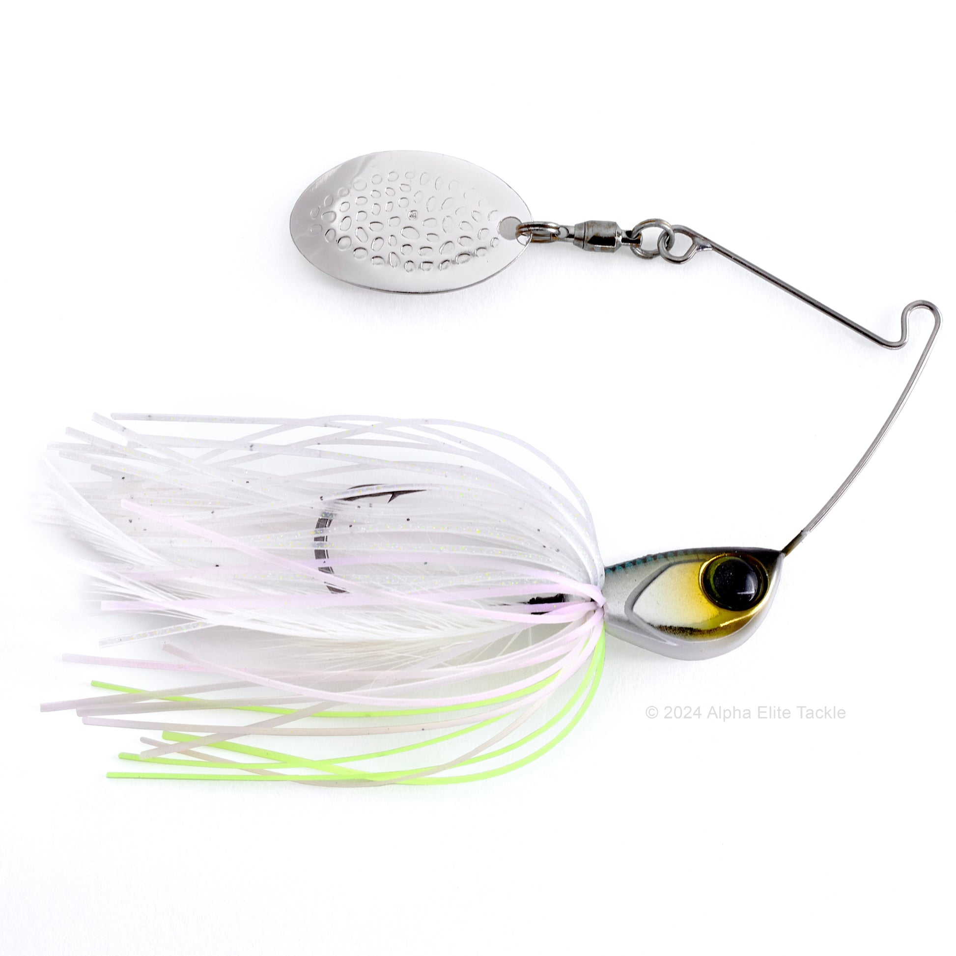 Close up of the Jackall Deraspin Spinnerbait in the color Devils Clear on a white background