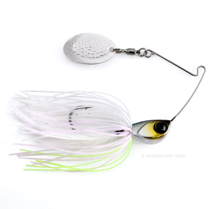 Close up of the Jackall Deraspin Spinnerbait in the color Devils Clear on a white background