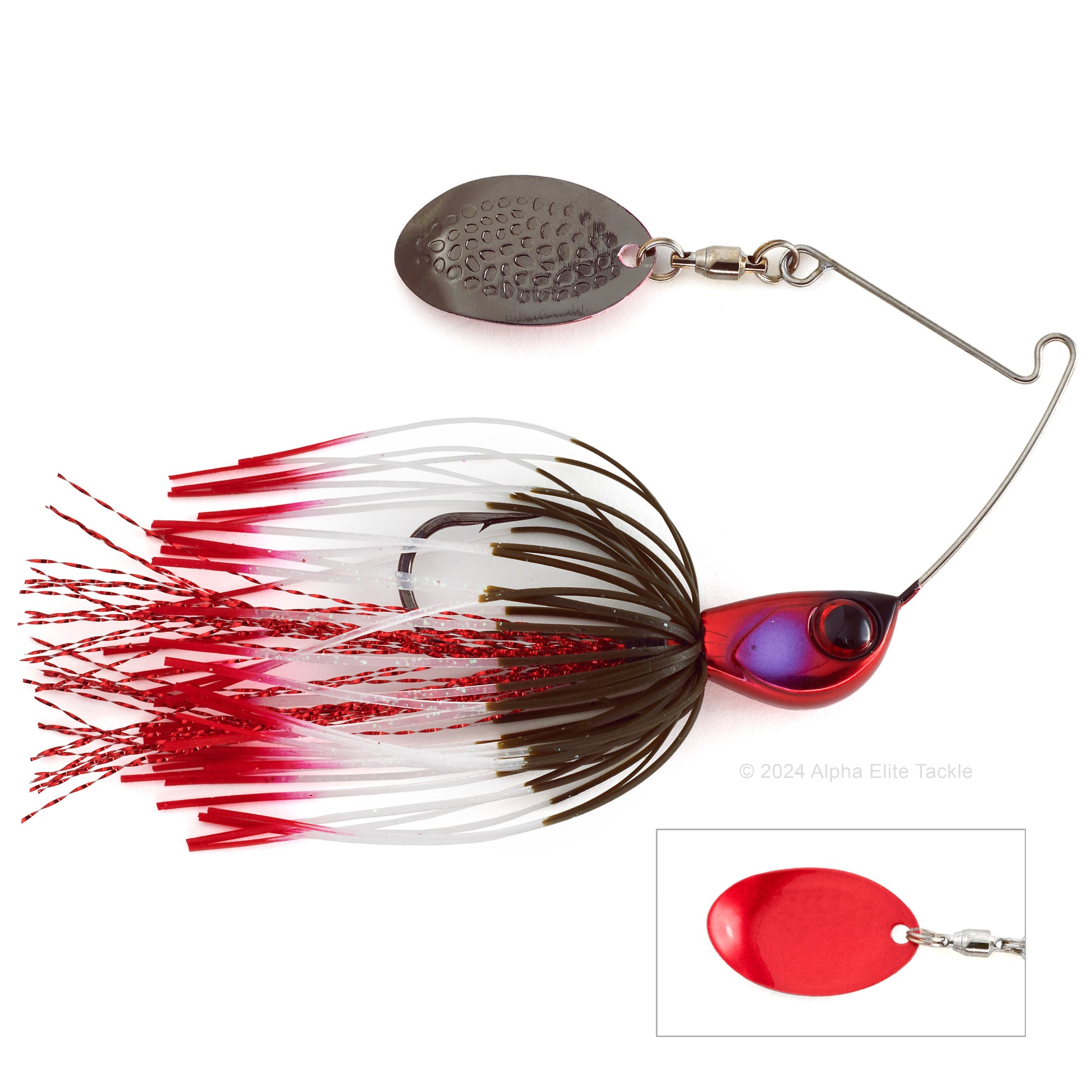 Close up of the Jackall Deraspin Spinnerbait in the color Red Fire Dip on a white background