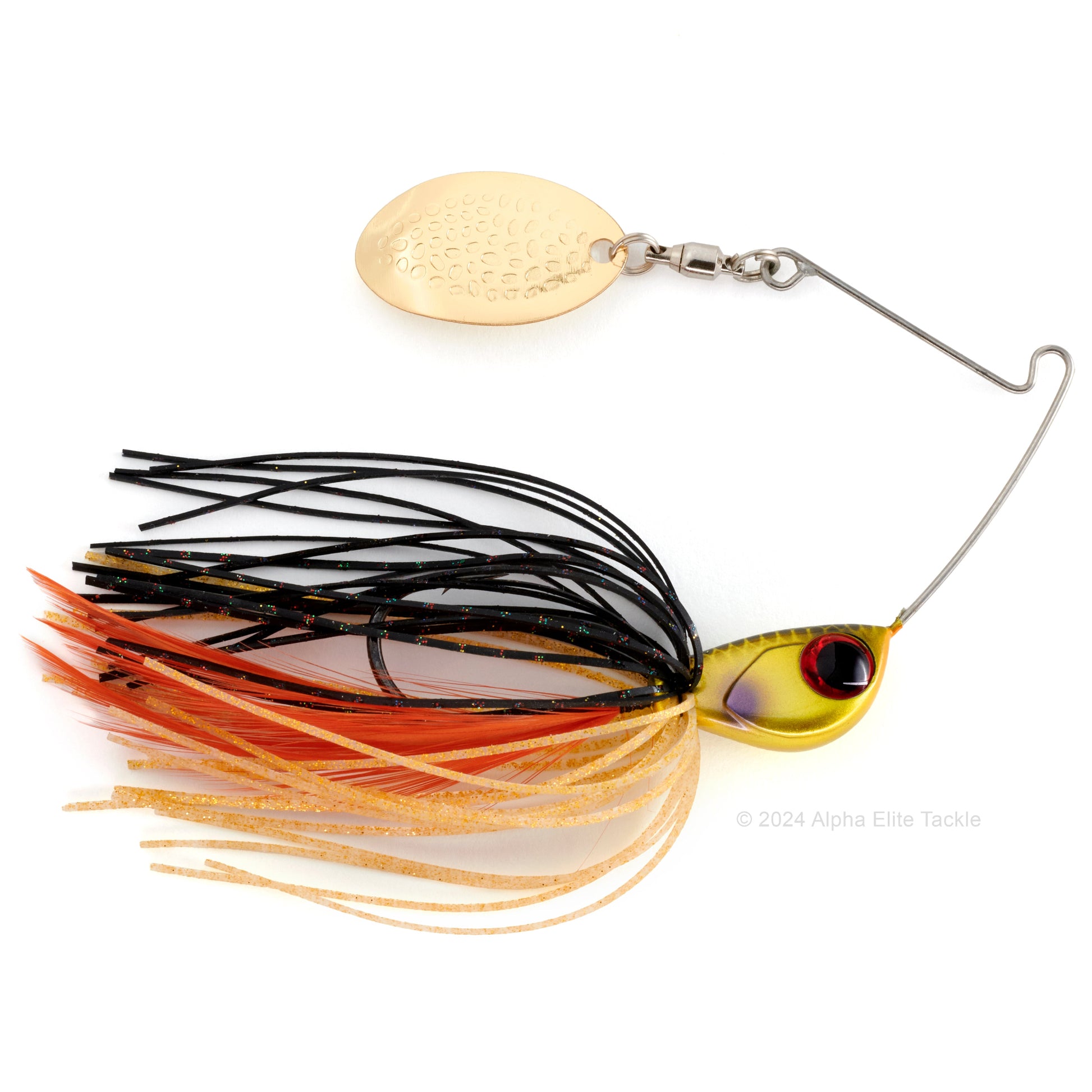 Close up of the Jackall Deraspin Spinnerbait in the color Gold Black Shad on a white background