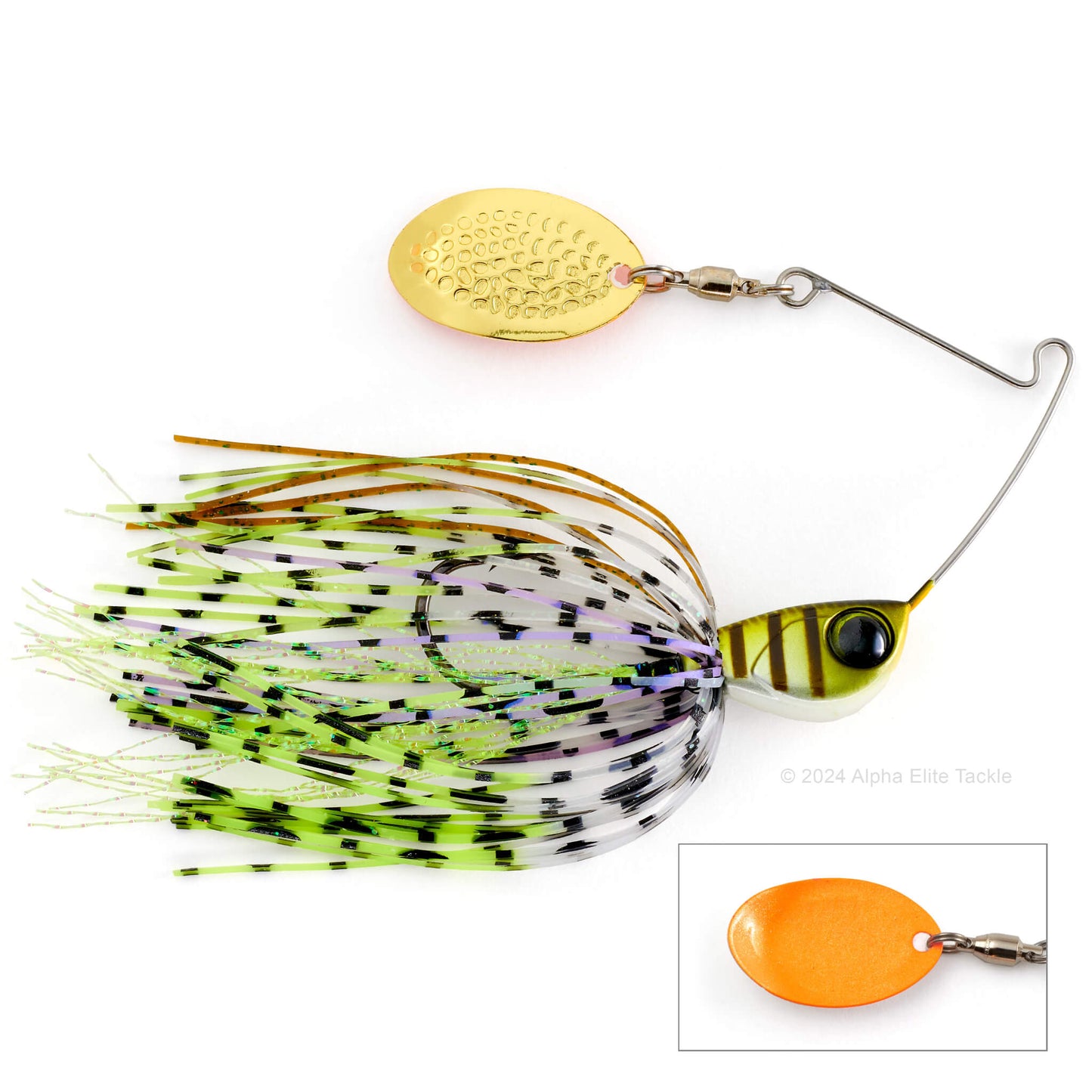 Close up of the Jackall Deraspin Spinnerbait in the color Konin Bluegill Chart Dip on a white background