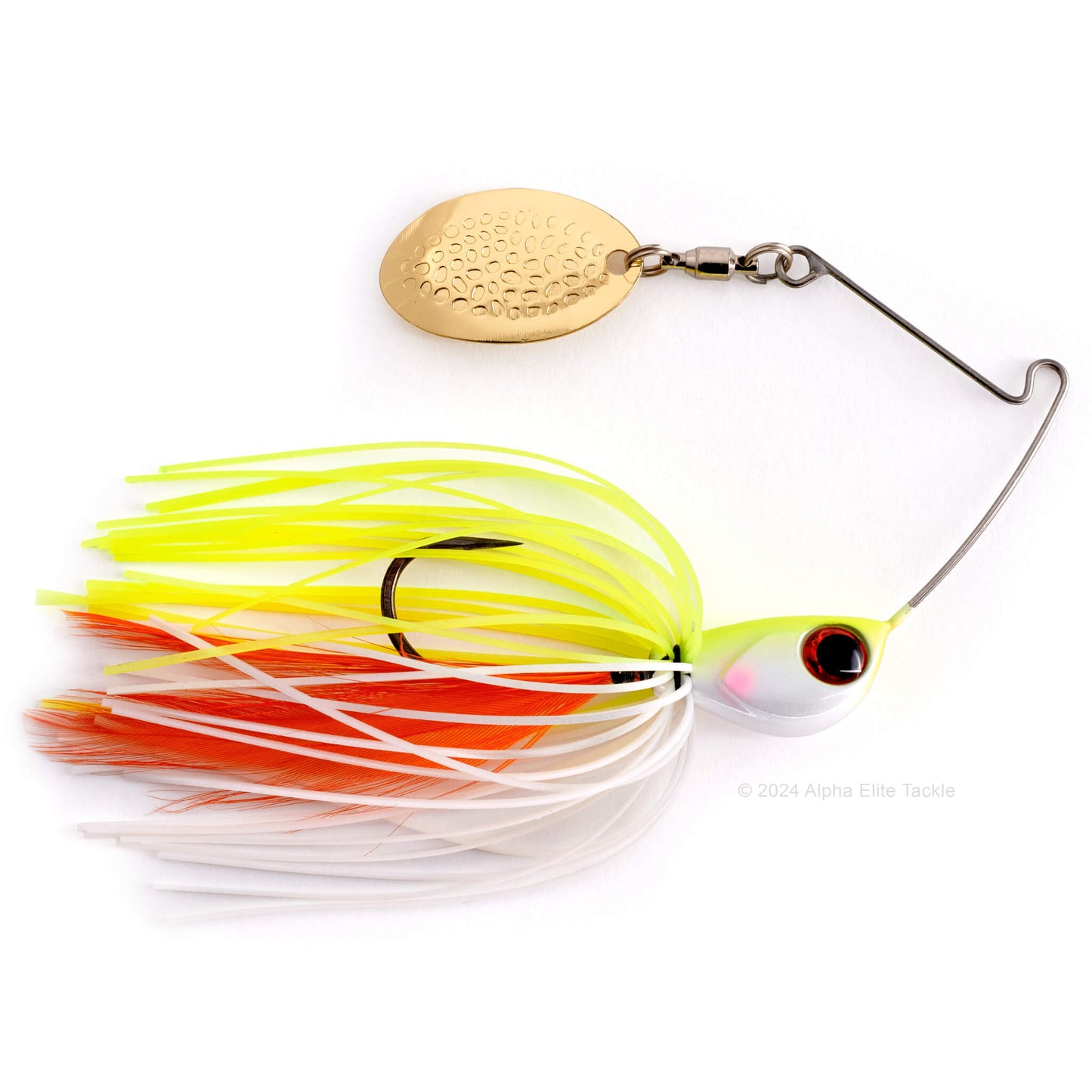Close up of the Jackall Deraspin Spinnerbait in the color Pearl Chart with Orange feather on a white background