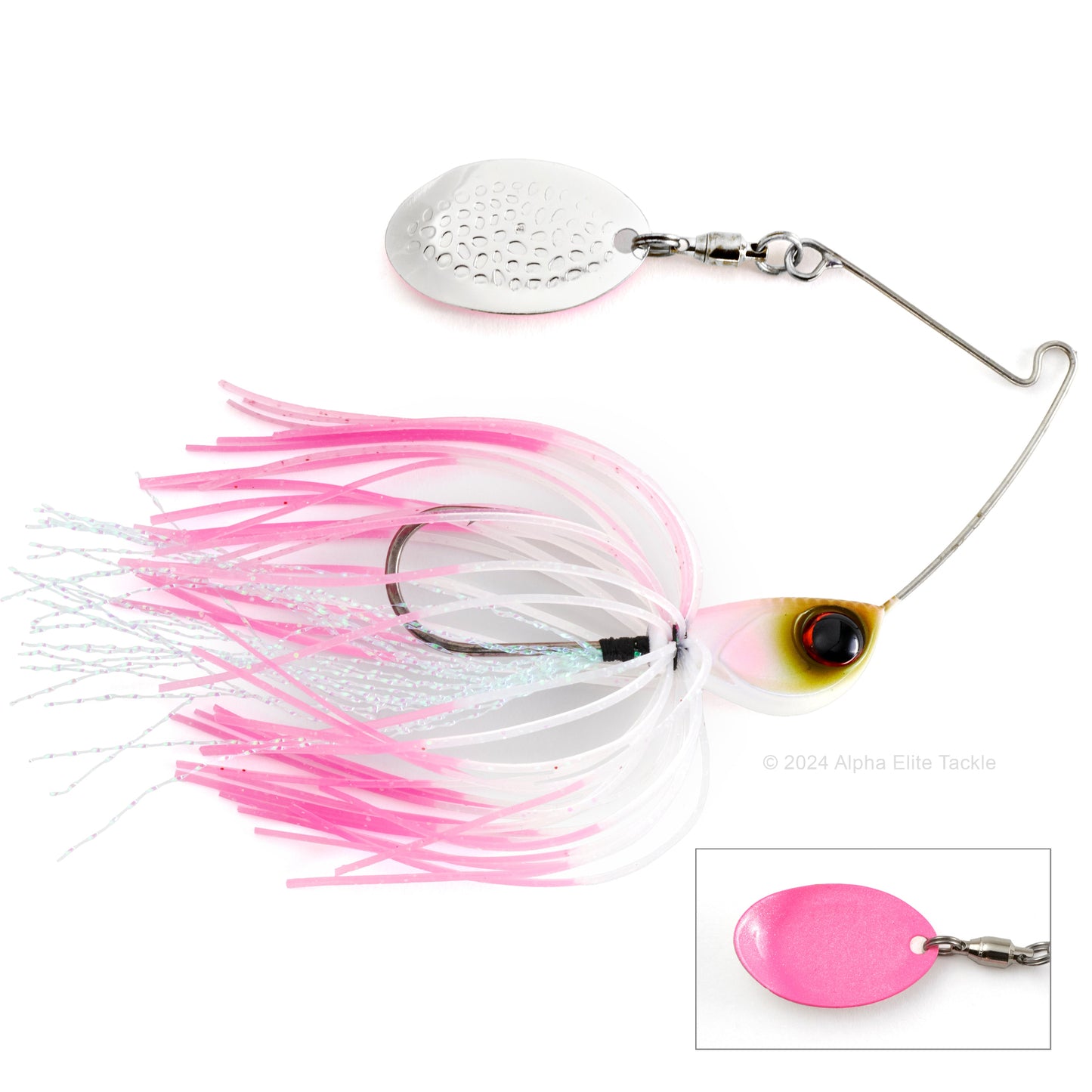Close up of the Jackall Deraspin Spinnerbait in the color Sexy Pink Dip on a white background