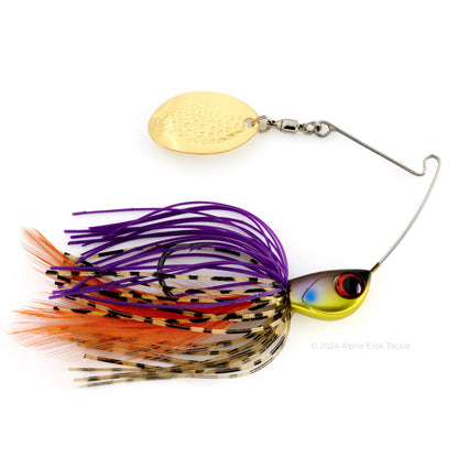Close up of the Jackall Deraspin Spinnerbait in the color Strong Gill on a white background