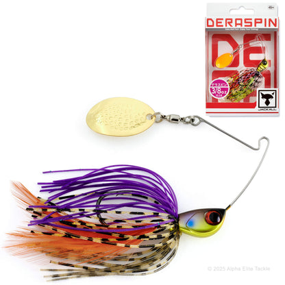 two jackall deraspin spinnerbaits on a white background