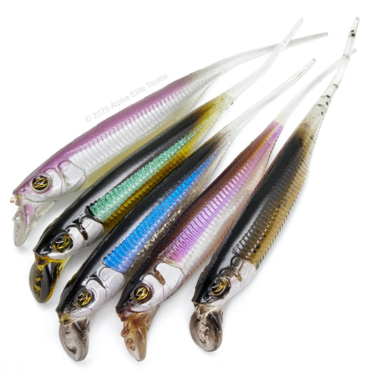 Color chart of five Jackall Drift Fry 3.0 Strolling Minnows on white background