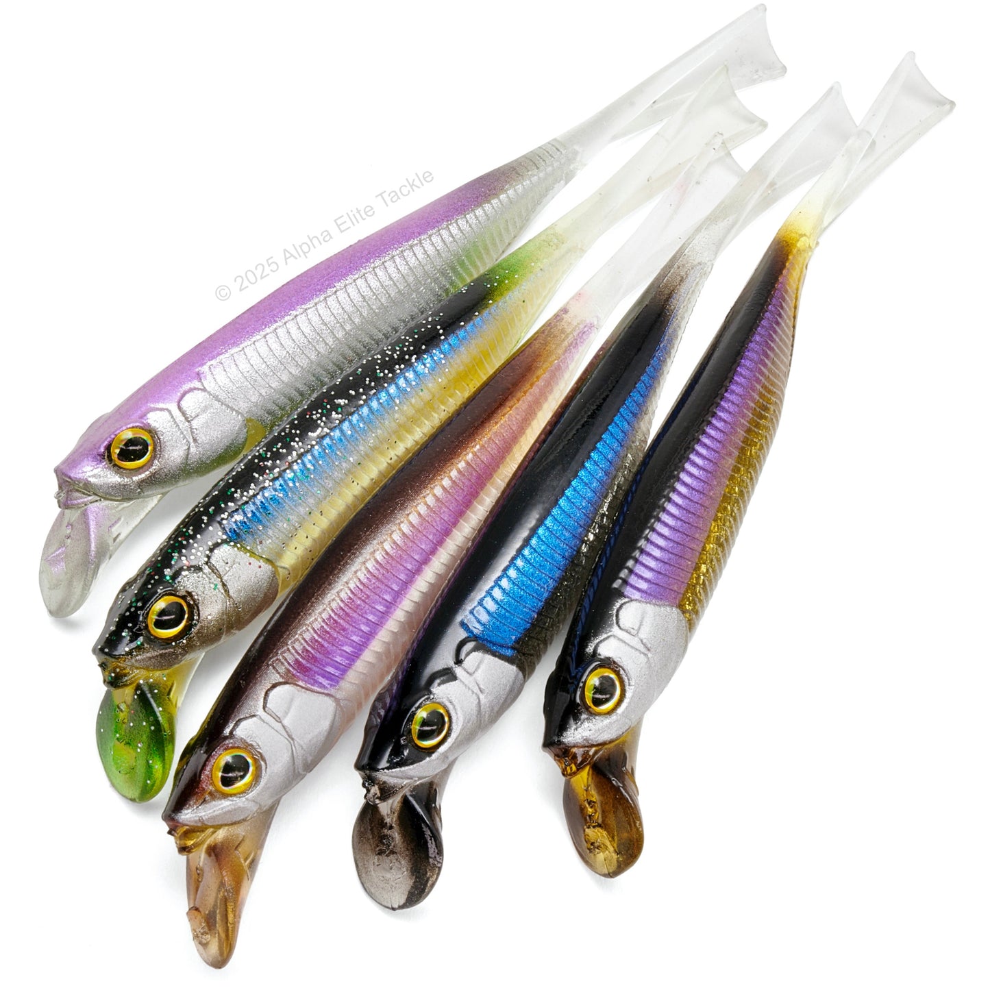 Color chart of five Jackall Drift Fry 4.0 Strolling Minnows on white background