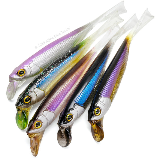 Color chart of five Jackall Drift Fry 4.0 Strolling Minnows on white background