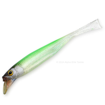 Close up of the Jackall Drift Fry 4.0 Strolling Minnows in the color Sight Chartreuse Fry on white background