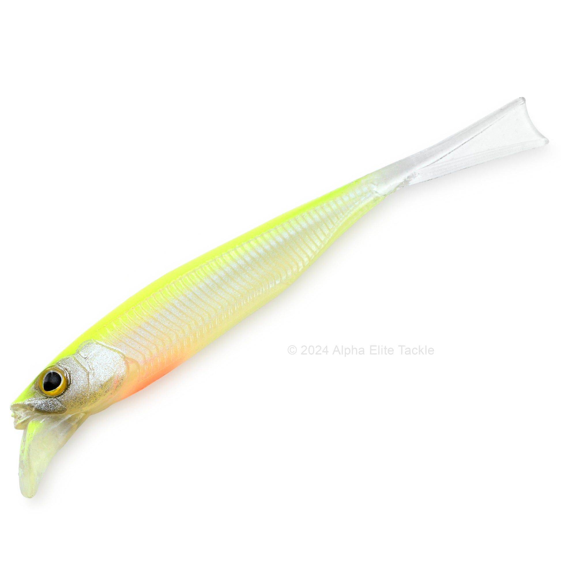 Close up of the Jackall Drift Fry 4.0 Strolling Minnows in the color Yellow Chartreuse Fry on white background