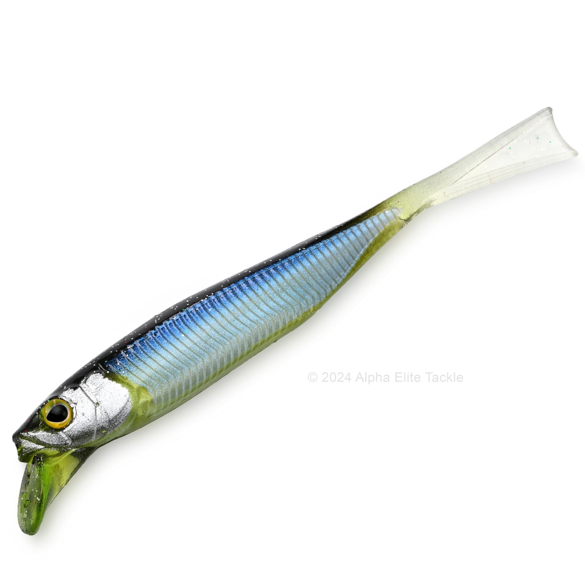 Close up of the Jackall Drift Fry 4.0 Strolling Minnows in the color Thunder Clear Bait on white background