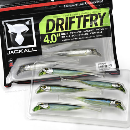 Close up of two packages of the Jackall Drift Fry 4.0 Strolling Minnows on white background