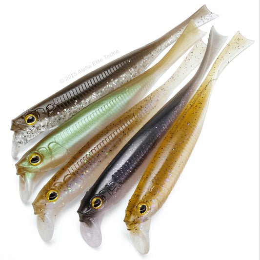 Color chart of five Jackall Drift Fry 5.2 Strolling Minnows on white background