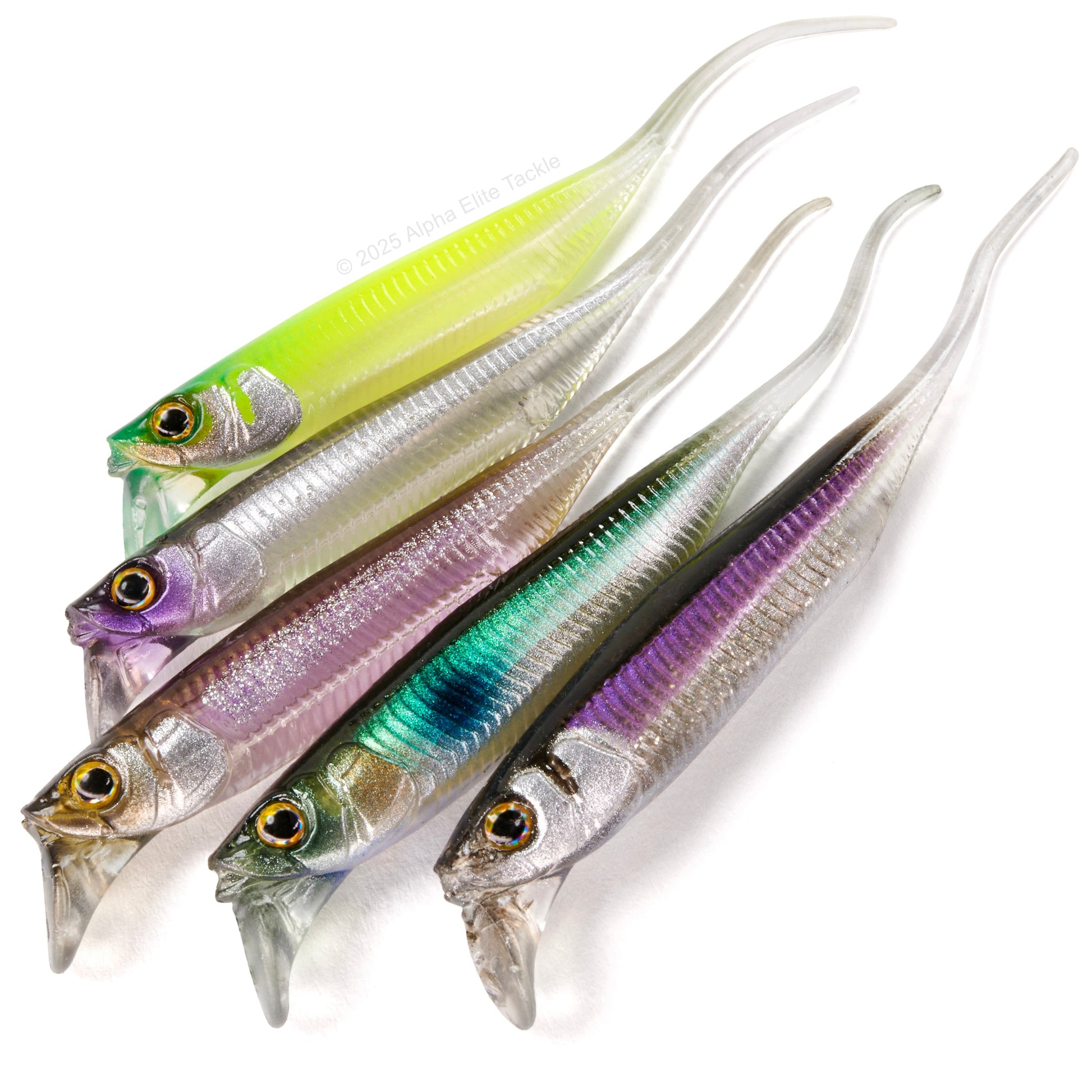 Color chart of five Jackall Drift Fry 3.0 Elastomer Strolling Minnows on white background