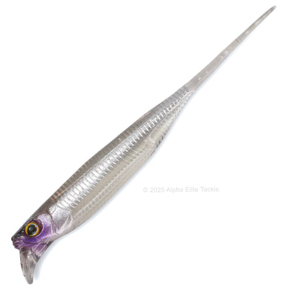 Close up of the Jackall Drift Fry 3.0 Elastomer Strolling Minnows in the color Flashing Shad on white background