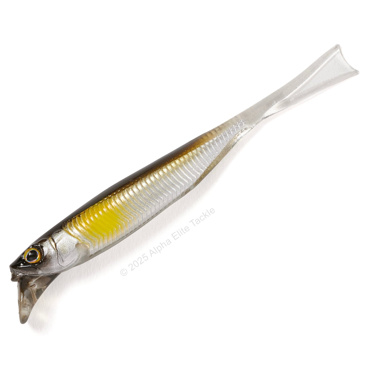 Close up of the Jackall Drift Fry 4.0 Elastomer Strolling Minnows in the color Silver Powder Ayu on white background
