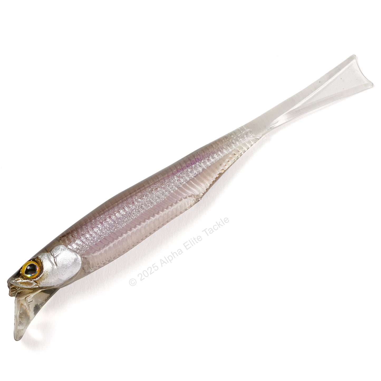 Close up of the Jackall Drift Fry 4.0 Elastomer Strolling Minnows in the color Super Clear Wakasagi on white background