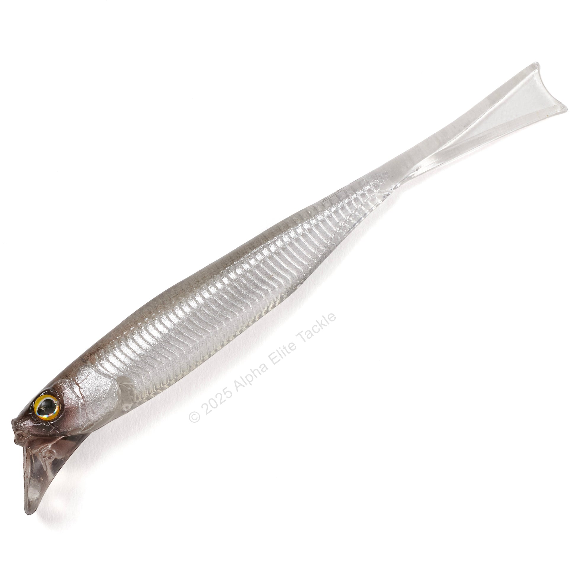 Close up of the Jackall Drift Fry 4.0 Elastomer Strolling Minnows in the color High Flashing Shad on white background