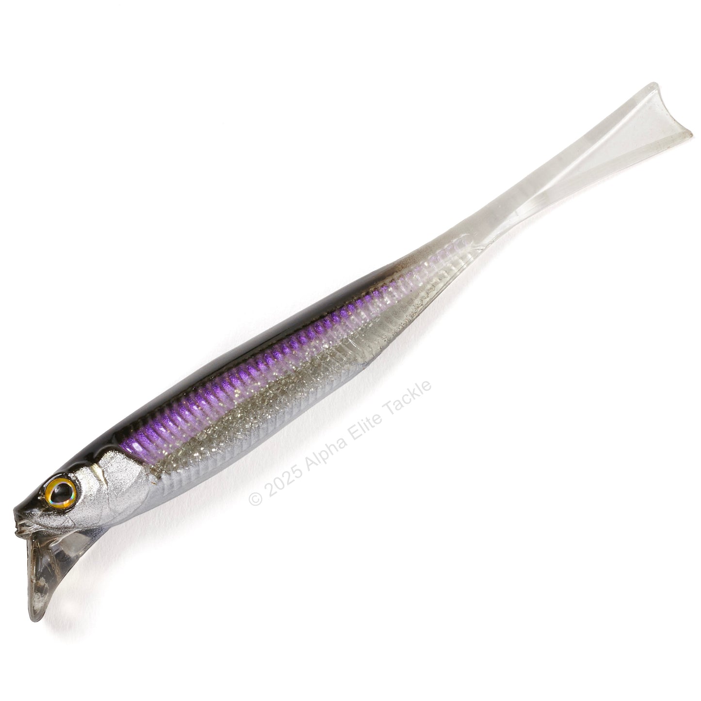 Close up of the Jackall Drift Fry 4.0 Elastomer Strolling Minnows in the color Flashing Wakasagi on white background
