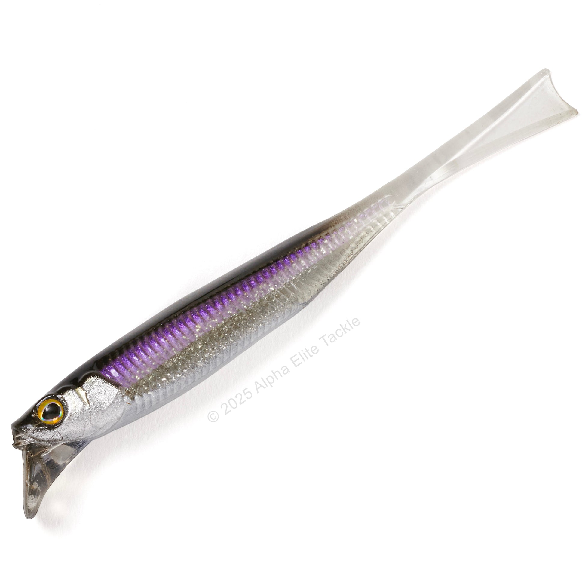 Close up of the Jackall Drift Fry 4.0 Elastomer Strolling Minnows in the color Flashing Wakasagi on white background
