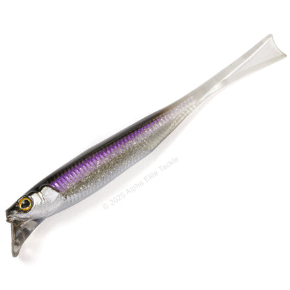 Close up of the Jackall Drift Fry 4.0 Elastomer Strolling Minnows in the color Flashing Wakasagi on white background
