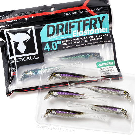 Two packages of the Jackall Drift Fry 4.0 Elastomer Strolling Minnows on white background
