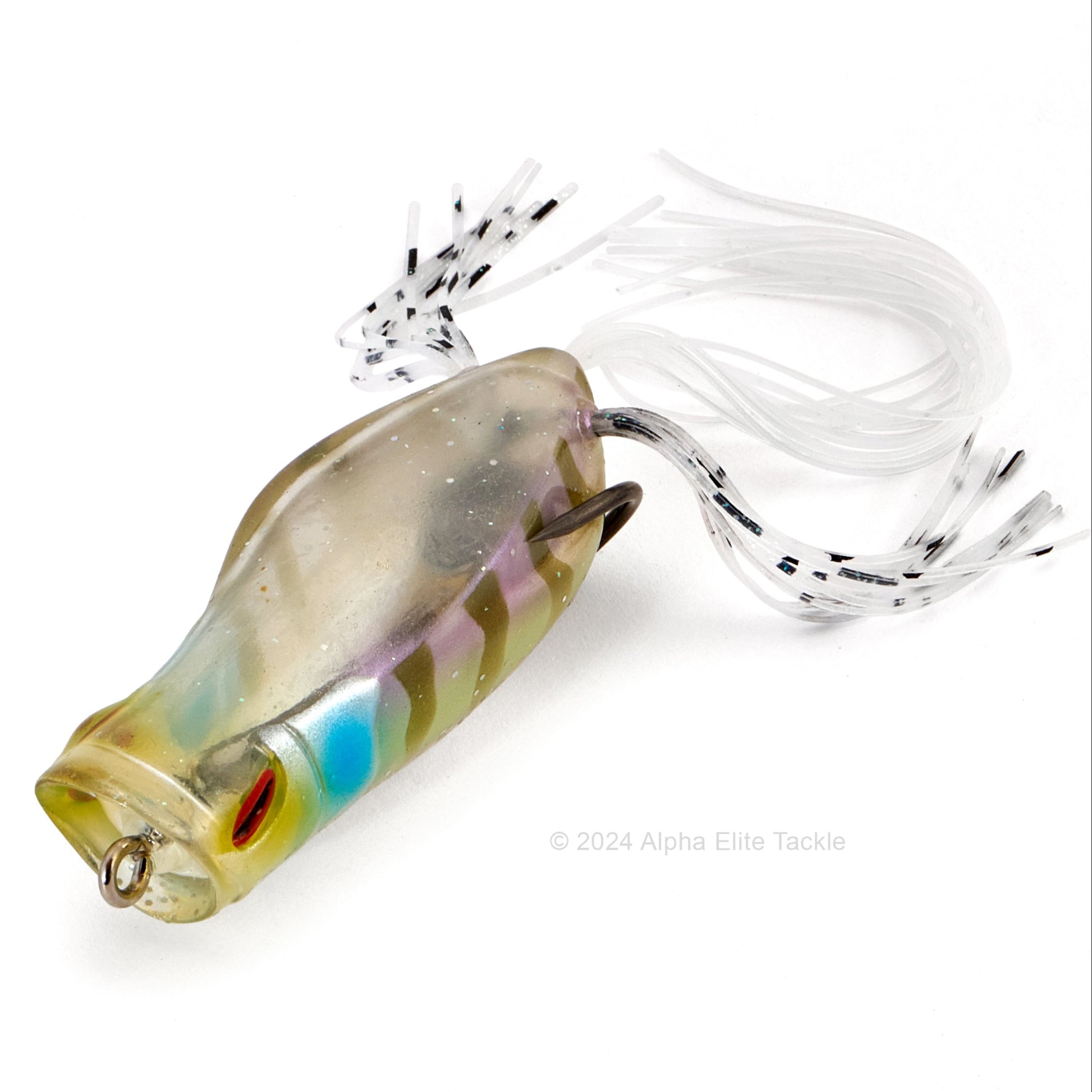 Close up of the Jackall Gavacho Hollow Body Frog in the color Clear Glitter Gill on white background