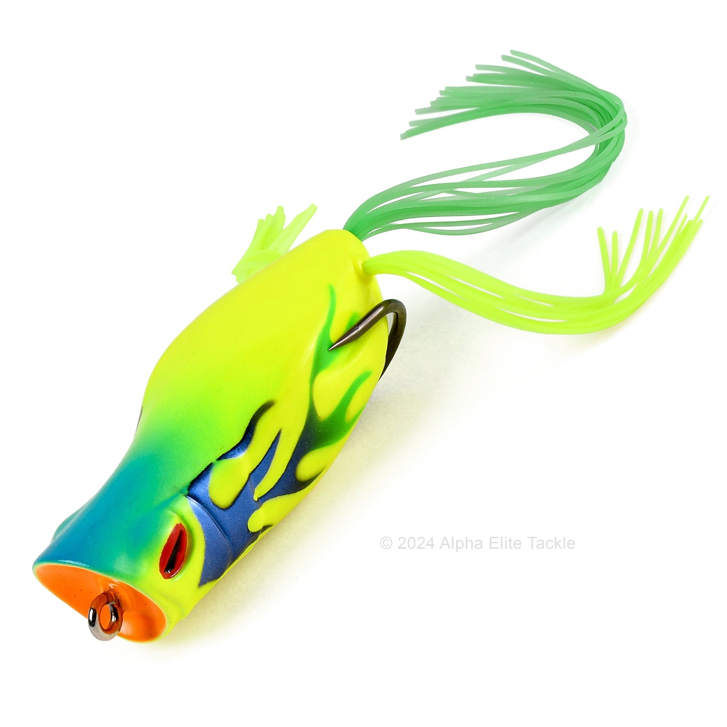 Close up of the Jackall Gavacho Hollow Body Frog in the color Fire Chart on white background
