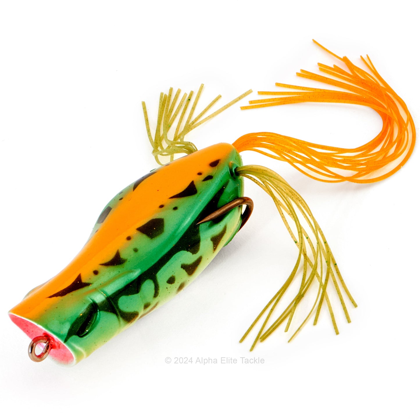 Close up of the Jackall Gavacho Hollow Body Frog in the color Maruhata Vigi Green on white background