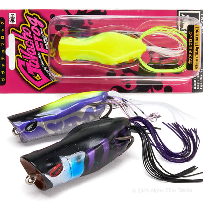 One Jackall Gavacho Hollow Body Frog in a package and two out of package on a white background