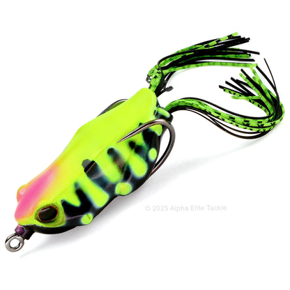 Close up of the Jackall Kaera Hollow Body Frog in the color Black Chart Drip on white background
