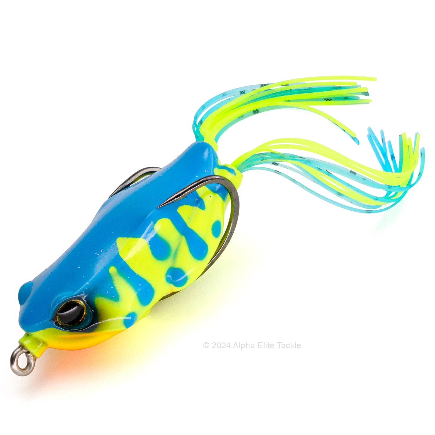 Close up of the Jackall Kaera Hollow Body Frog in the color Chart Blue Drip on white background