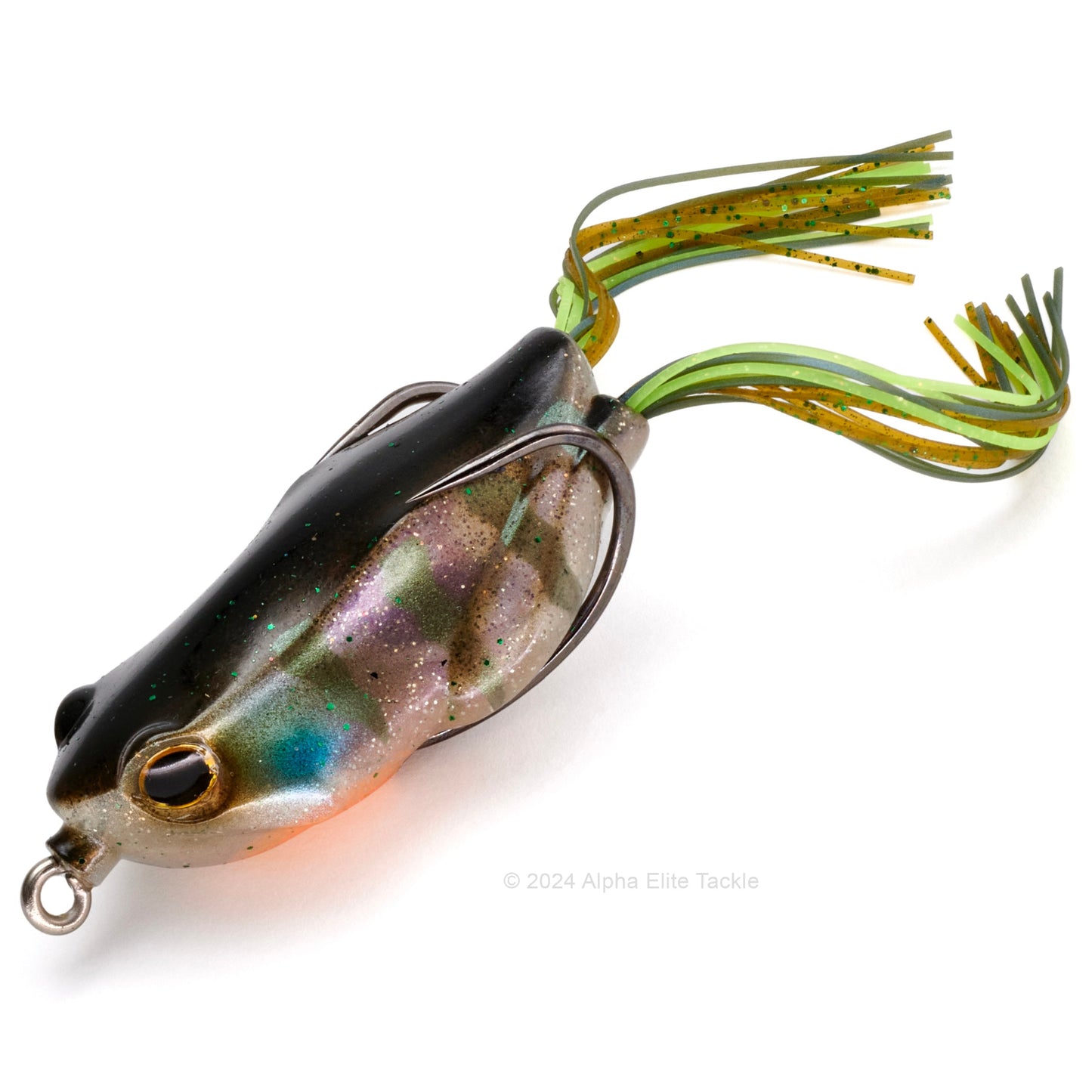 Close up of the Jackall Kaera Hollow Body Frog in the color Glitter Bluegill on white background