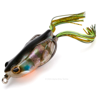 Close up of the Jackall Kaera Hollow Body Frog in the color Glitter Bluegill on white background