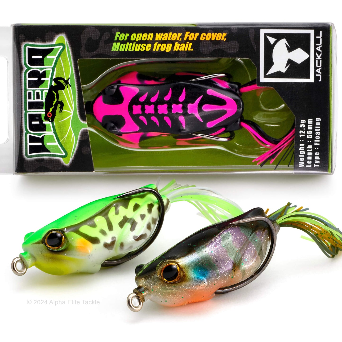 One Jackall Keara Hollow Body Frog in a package and two out of package on a white background