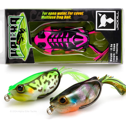 One Jackall Keara Hollow Body Frog in a package and two out of package on a white background